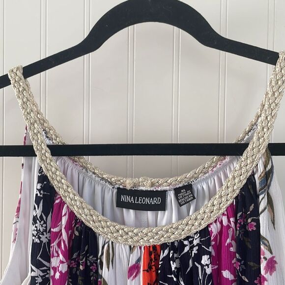 NINA LEONARD Gauzy Flowy Braided Strap Mixed Floral Patchwork Trapeze Dress XL - Picture 5 of 11